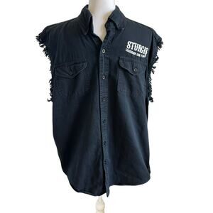 Sturgis Sleeveless Shirt Men Size Large Black Motorcyle Rally Raw Edge Button Up